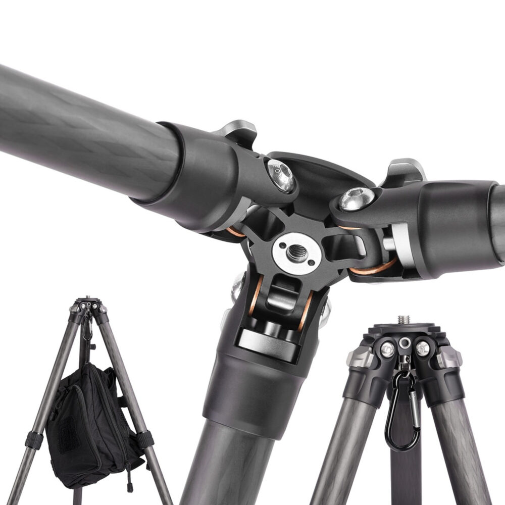 Leofoto LS-225C Tripod detail van statiefschouder en carbon poten met draaivergrendelingen.