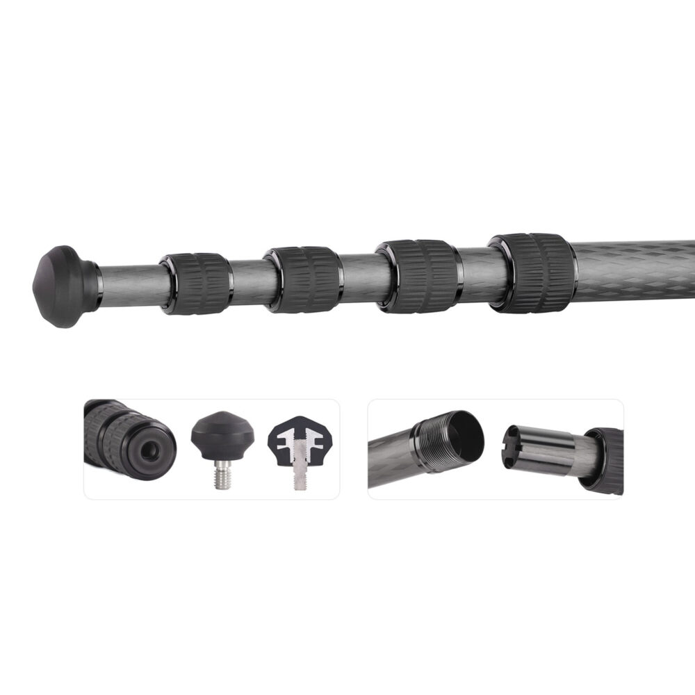 Leofoto LS-225C Tripod detail van middenkolom, rubbervoet, spikes en verwisselbare voetsegmenten.