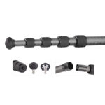 Leofoto LS-225C Tripod detail van middenkolom, rubbervoet, spikes en verwisselbare voetsegmenten.