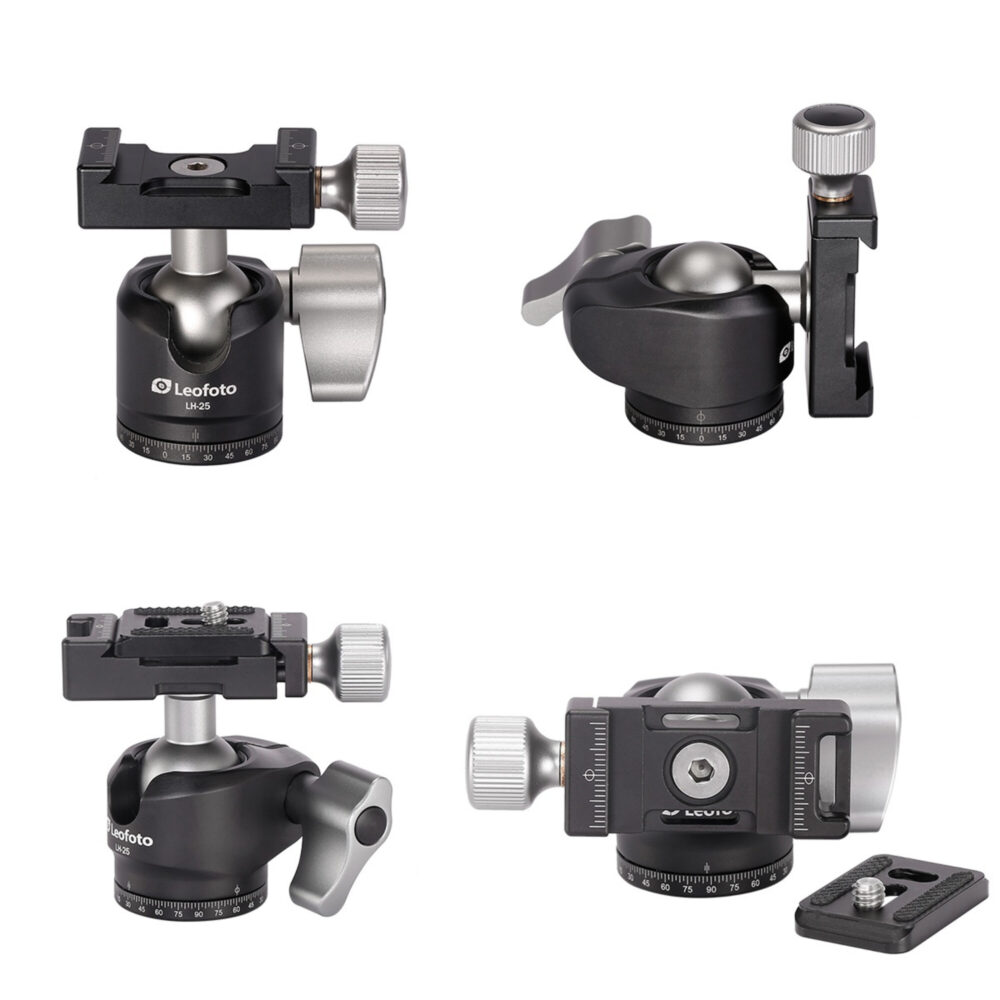 Leofoto LS-225C Tripod set met LH-25 kogelkop, panoramakop en Arca-snelkoppelingsplaat.