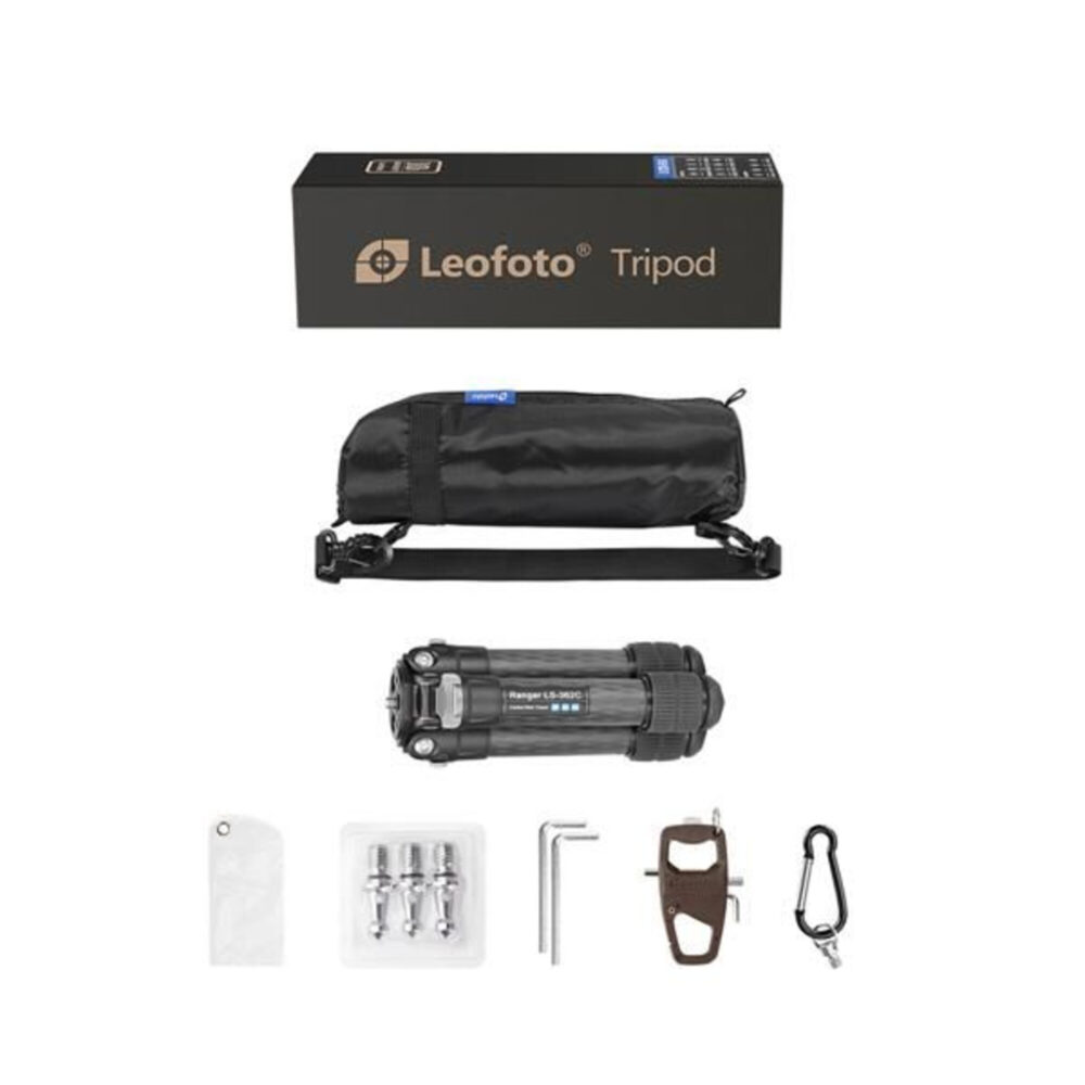 Leofoto LS-362C Tripod complete set met statief, draagtas, spikes, multitool en accessoires.