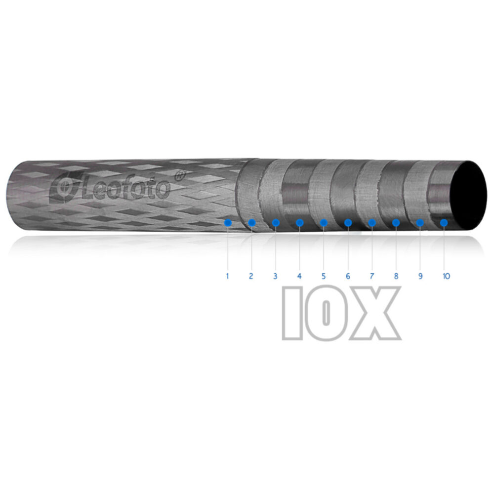 Leofoto LS-365C Tripod close-up 10-lagen carbon buis met ruitvormige structuur.