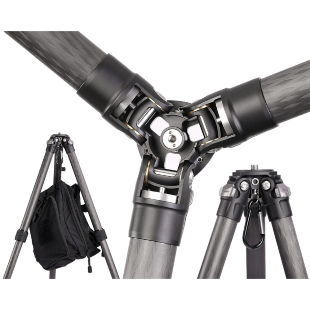 Leofoto LS-365C Tripod onderaanzicht scharnierpunten met drie uitgeklapte poten.