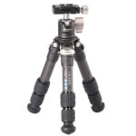 Leofoto LS-223C Tripod carbon Ranger met gemonteerde LH-25 kogelkop, laag opgesteld voor macro-opnamen.