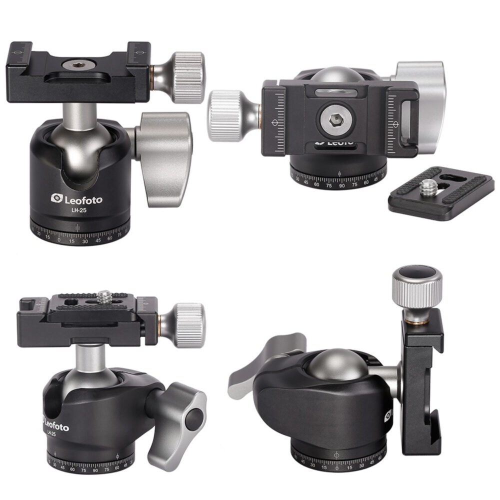 Leofoto LS-223C Tripod set met LH-25 kogelkop, Arca-snelkoppelingsplaat en accessoires.