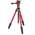 Leofoto LY-224C Tripod rood carbon Mr.Y statief met BV-0R videokop, poten uitgespreid op witte achtergrond.