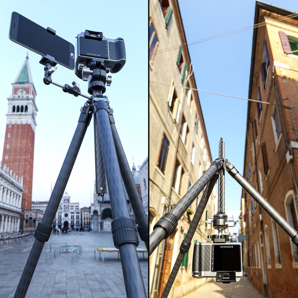 Leofoto LY-284C Tripod opgesteld in een historische stadsscene met camera voor architectuurfotografie.