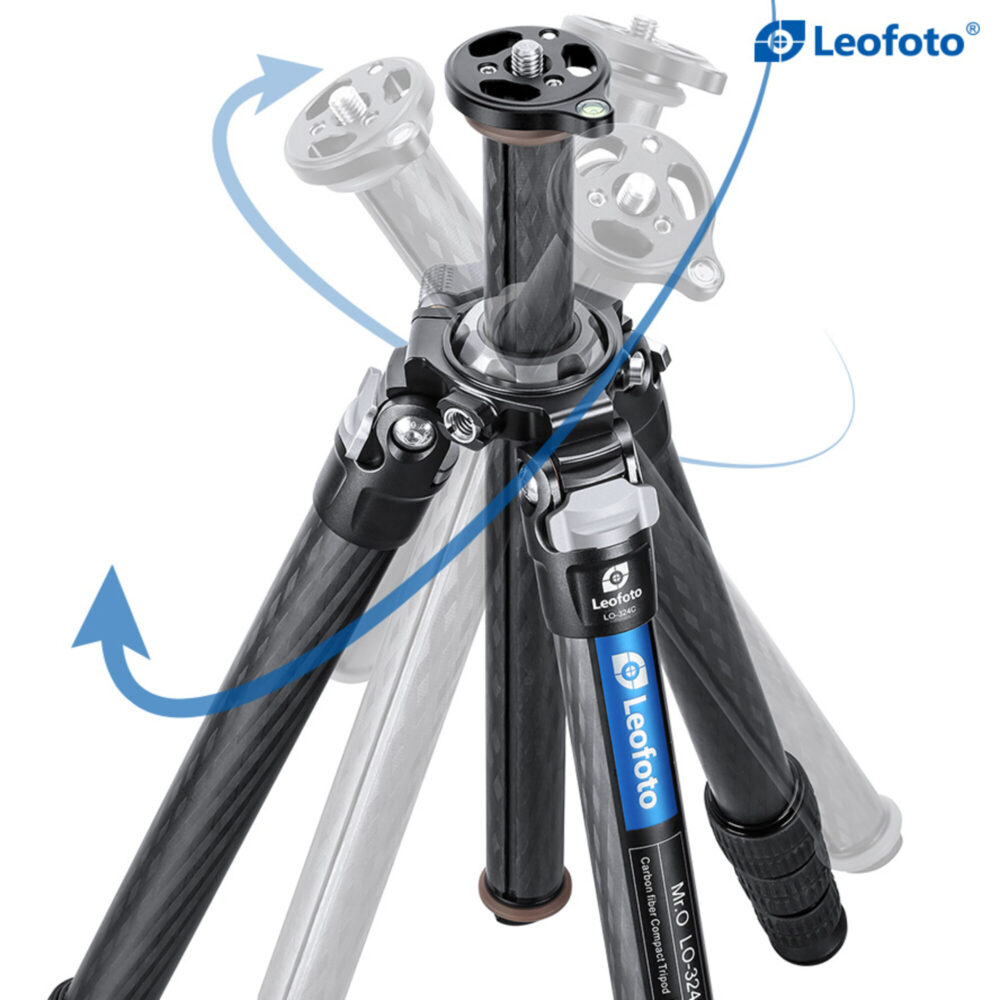 Leofoto LY-224C Tripod demonstratie van verstelbare poothoeken met pijlen rond het scharniergedeelte.