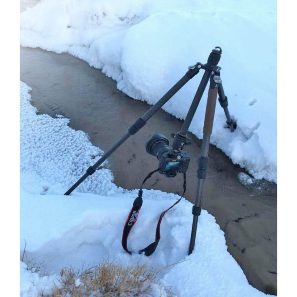 Leofoto LY-224C Tripod opgesteld in sneeuw langs een beekje met camera gemonteerd voor outdoorfotografie.