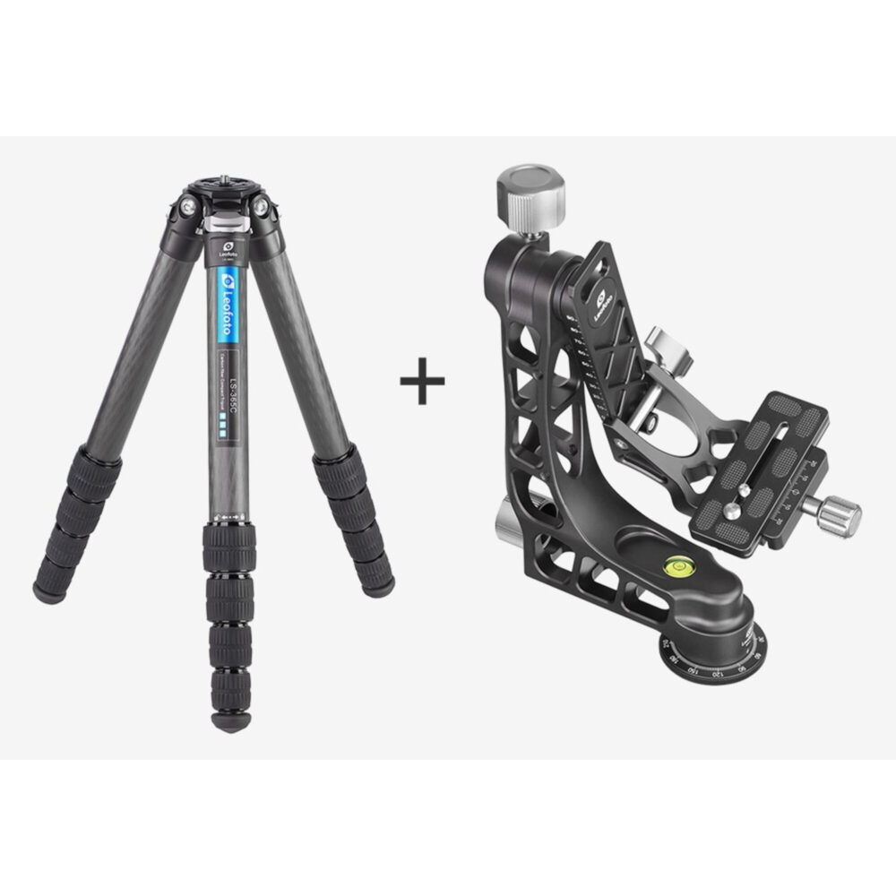 Leofoto LS-365C Tripod carbon Ranger-set met PG-1 gimbal los naast het statief.