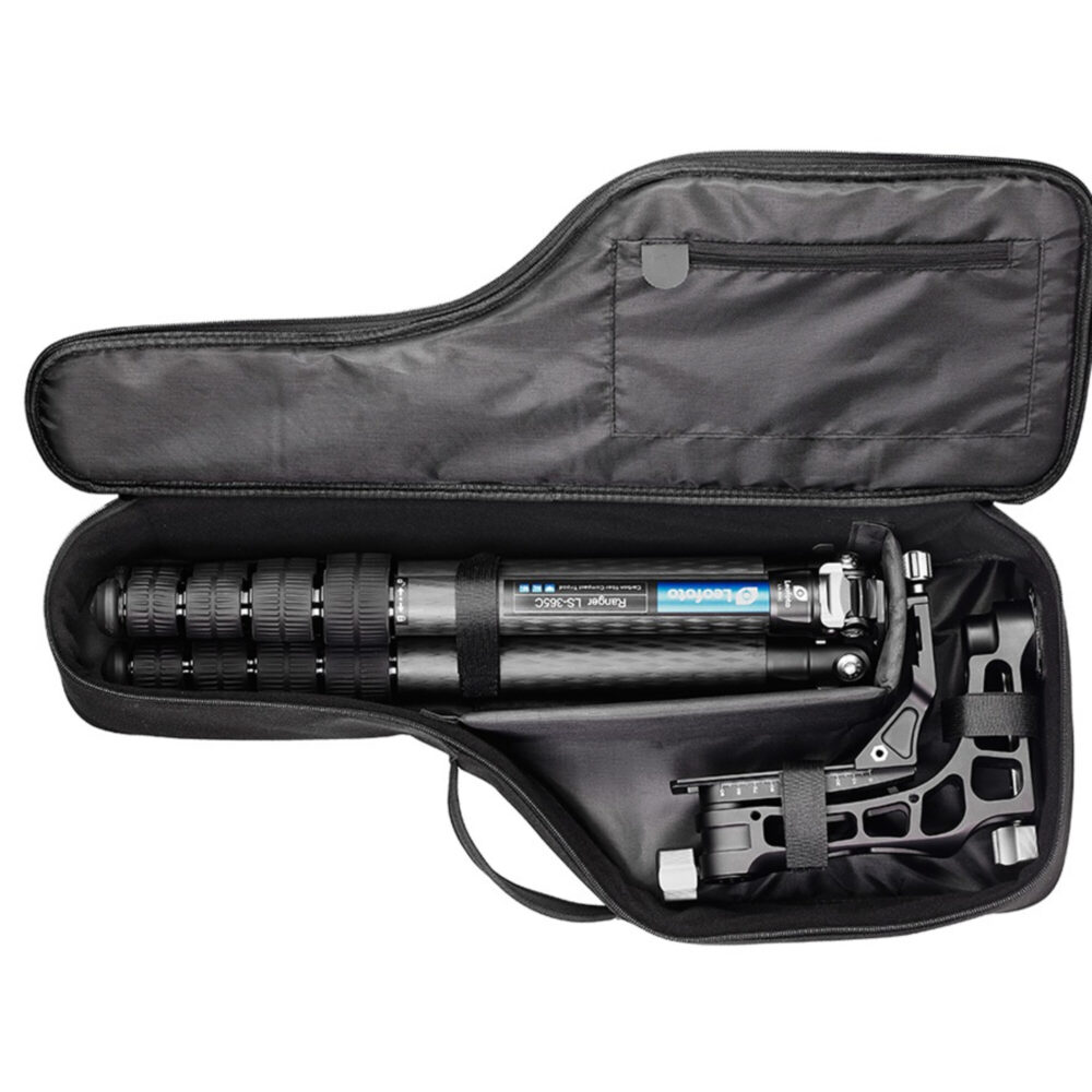 Leofoto LS-365C Tripod set ingepakt met statief en gimbal samen in draagtas.