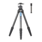 Leofoto LS-255C Tripod carbon Ranger compleet uitgeklapt met LH-30 kogelkop en losse korte middenkolom ernaast.