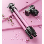 Leofoto LY-265CF Tripod roze opgevouwen op roze ondergrond met camera en strooibloesems als styling.