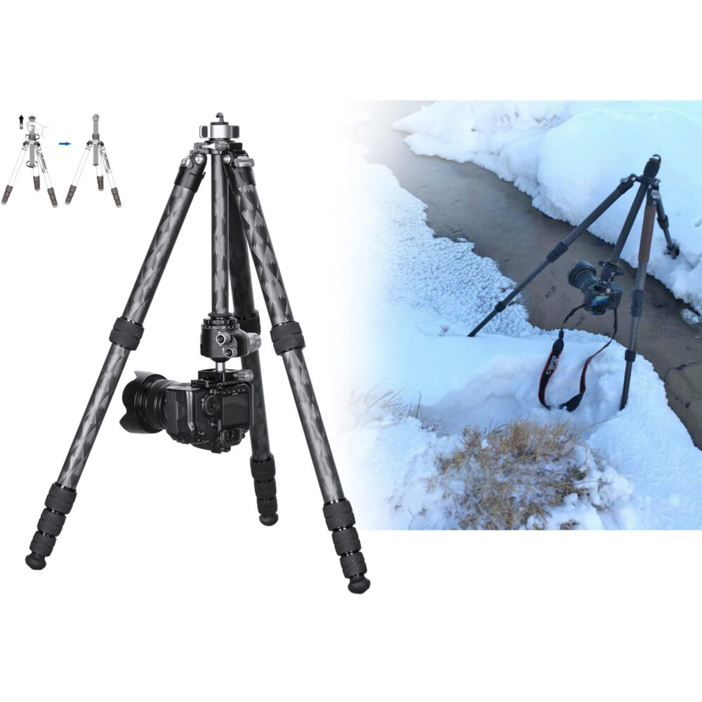 Leofoto LQ-365C + LH-47 Tripod opgeborgen in gevoerde waterafstotende draagtas met ritssluiting en handgreep.
