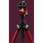 Leofoto LY-224C Tripod rood in werkhoogte met gemonteerde LH-25R kogelkop en uitgeklapte poten op lichte achtergrond.