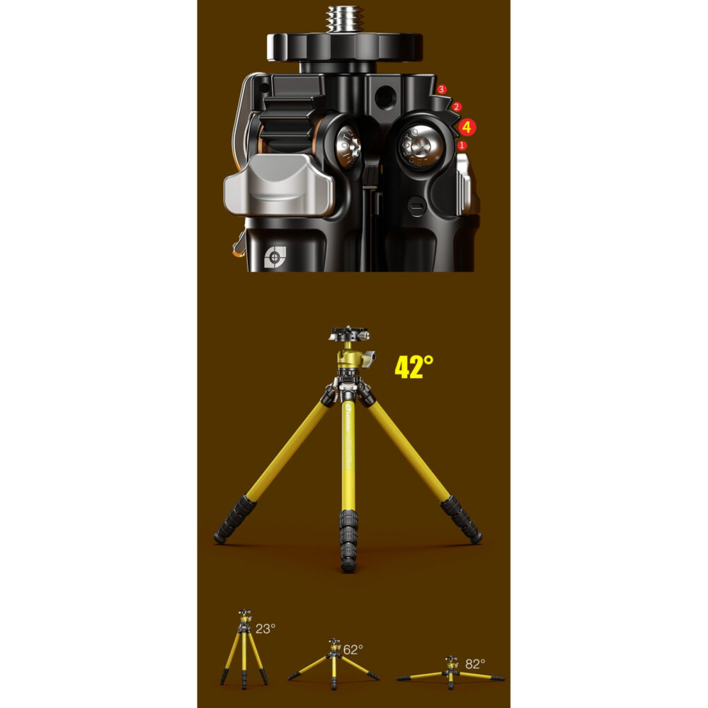 Leofoto LY-224C Tripod blauw volledig uitgeklapt met camera gemonteerd op nachtelijke stadsachtergrond.