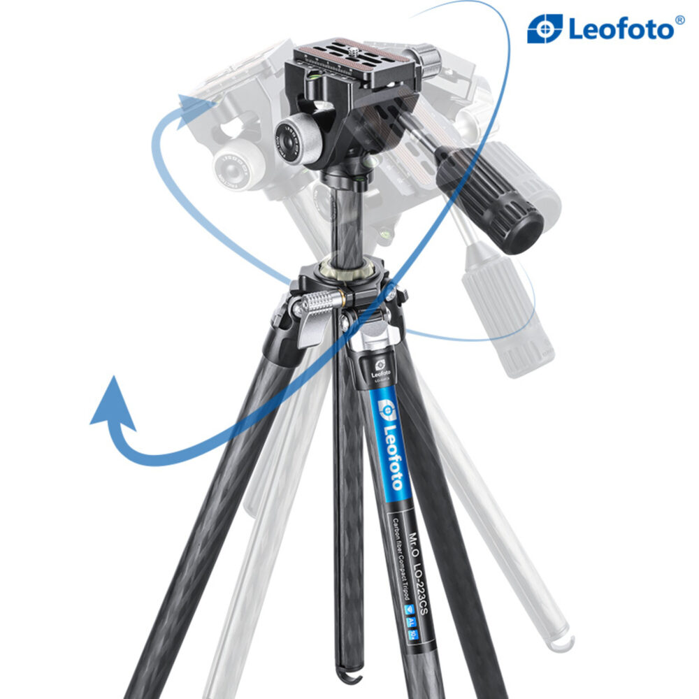 Leofoto LO-223CS Tripod met uitgeklapte middenkolom en kantelbare halfronde kom voor snelle nivellering.