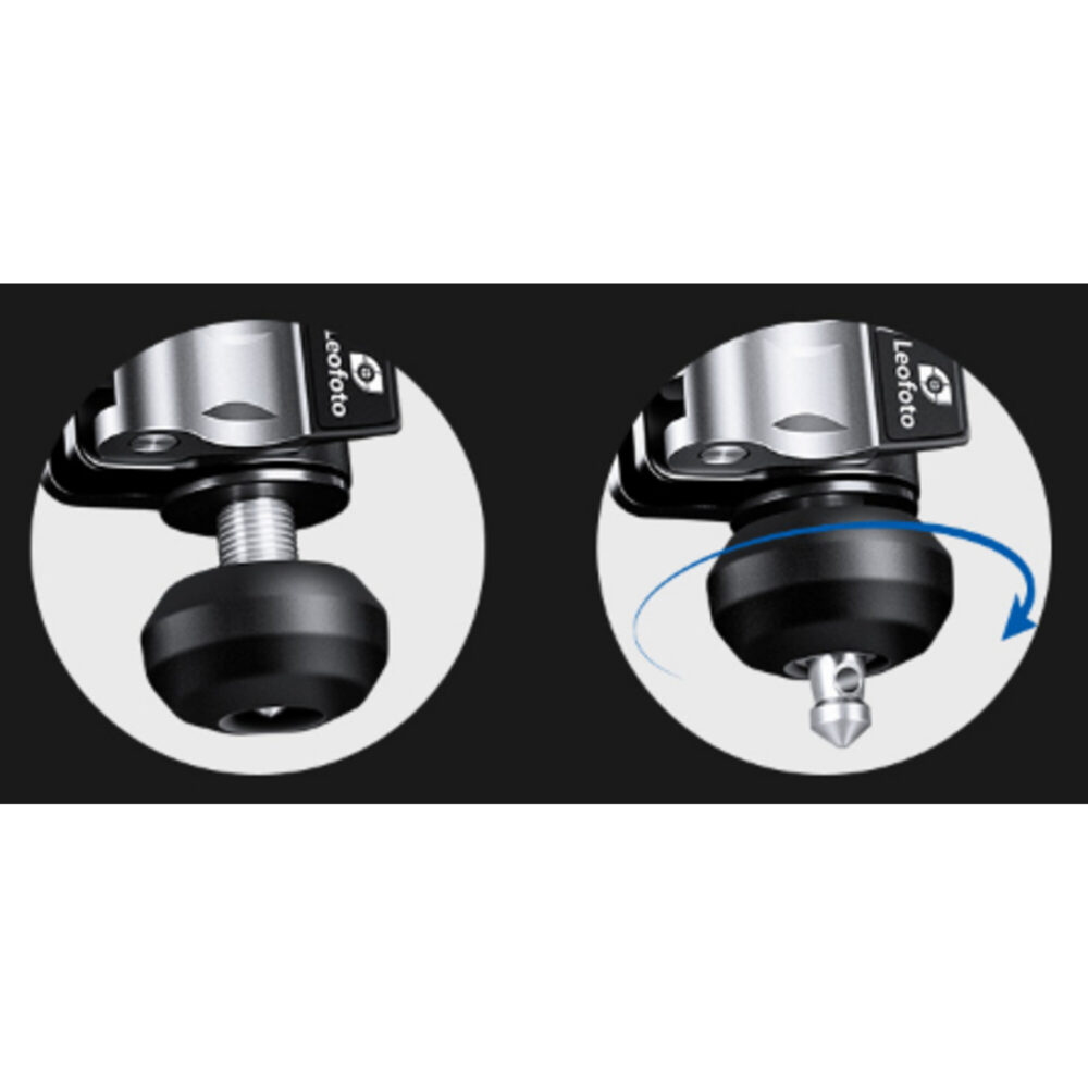 Leofoto LVM-324C Tripod detail van rubbervoet en spike-combinatie voor verschillende ondergronden