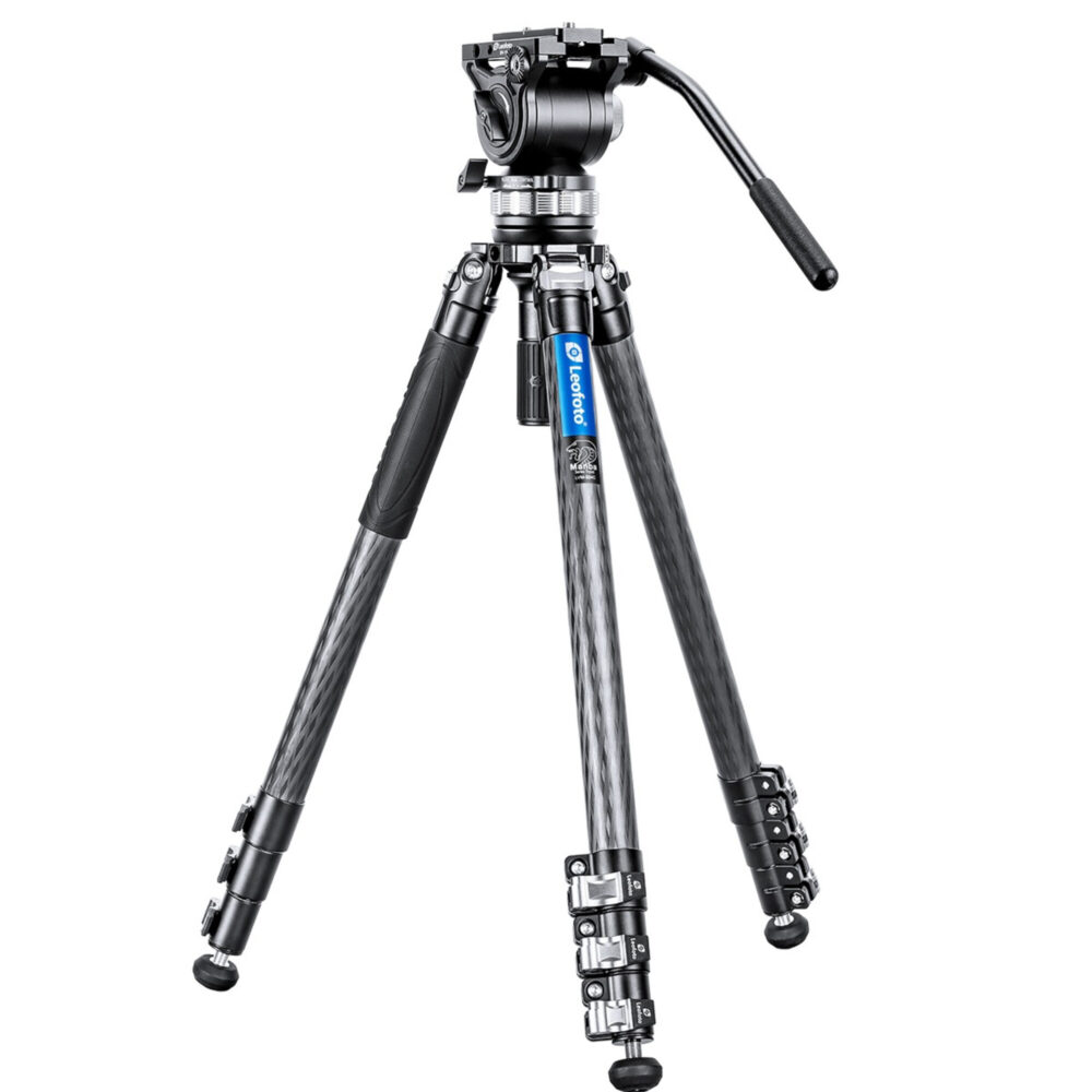 Leofoto LVM-324C Tripod uitgeklapt statief met BV-15 videokop en bedienarm in volledige opstelling