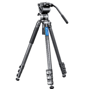 Leofoto LVM-324C Tripod uitgeklapt statief met BV-15 videokop en bedienarm in volledige opstelling