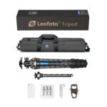 Leofoto LQ-284C Tripod complete set met statief, extra kolom, gereedschap, spikes, draagtas en verpakking overzichtelijk uitgestald.