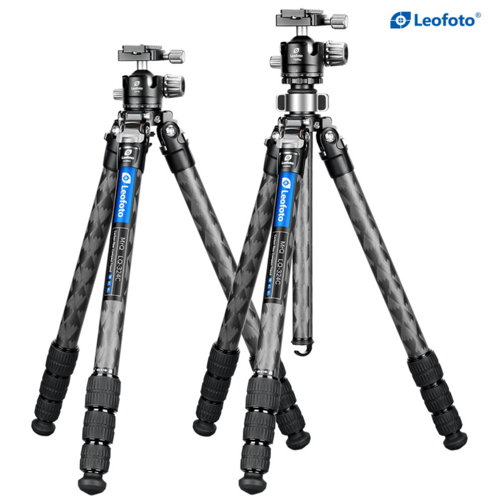 Leofoto LQ-365C + LH-47 Tripod twee statieven naast elkaar getoond met verschillende werkhoogtes.