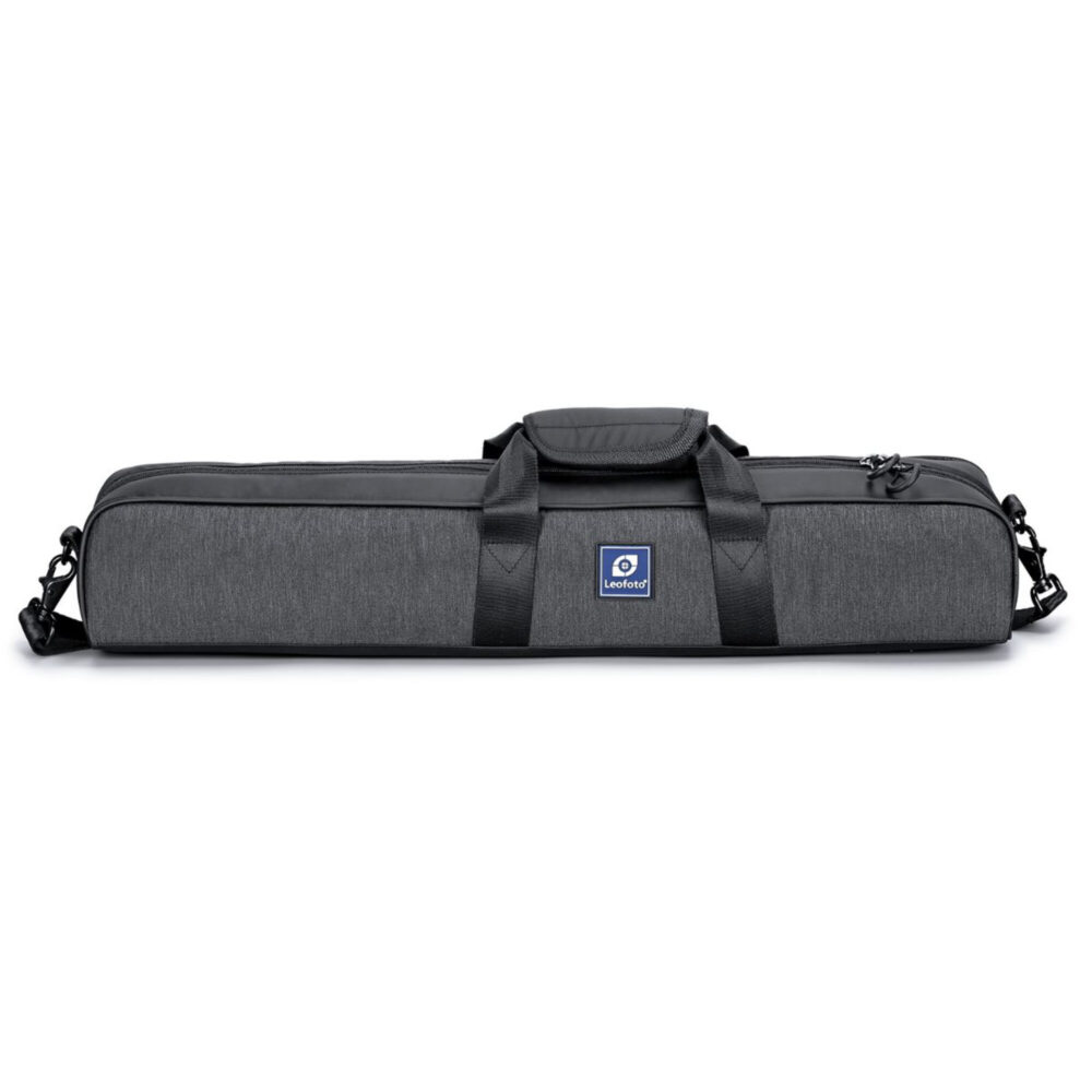 Leofoto LQ-365C + LH-47 Tripod grijze transporttas met draaghandvat en verstelbare schouderriem.