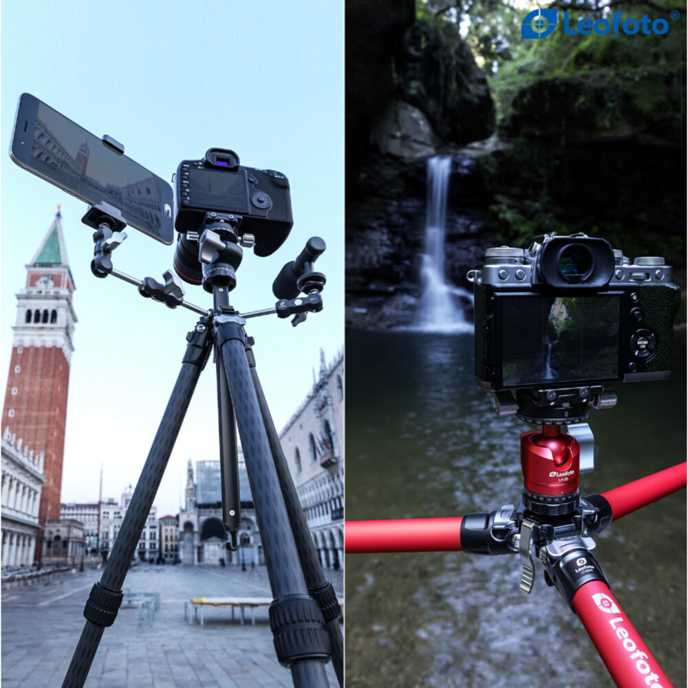 Leofoto LY-224C Tripod gebruikt in de stad en bij een waterval met camera op statief voor diverse situaties.