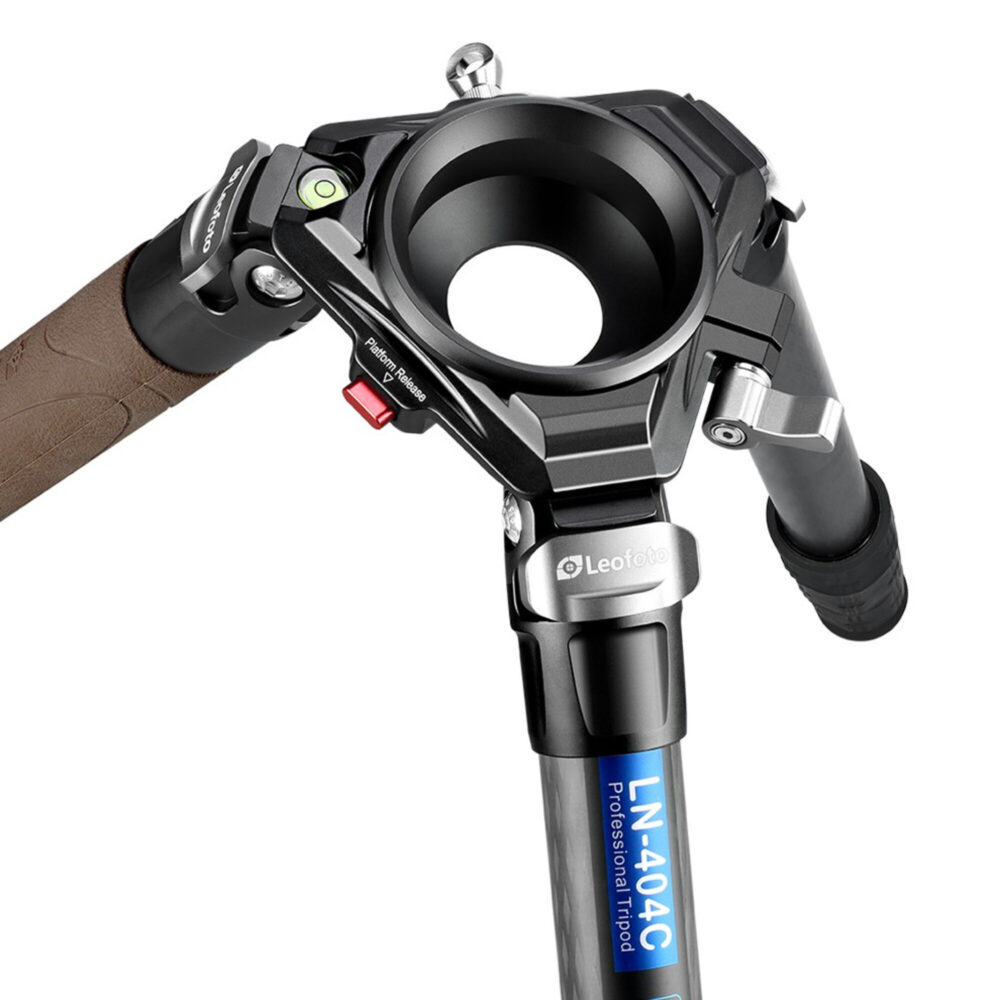 Leofoto LN-404C Tripod schuine close-up van statiefscharnier met ronde bowl-opening en metalen verstelhendels.