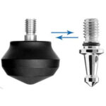 Leofoto LN-404C Tripod verwisselbare rubbervoet en metalen spikevoet naast elkaar getoond op witte achtergrond.