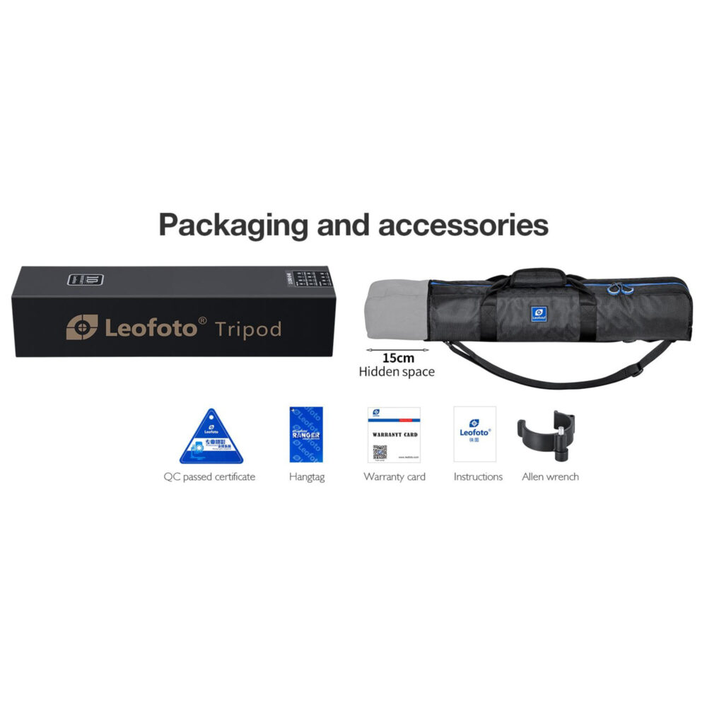 Leofoto LVM-323C Tripod leveringsomvang met transporttas, gereedschap en accessoires