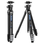 Leofoto AZ-235C Tripod vergelijking van ingeschoven en uitgeschoven statief met blauwe Azure-markering