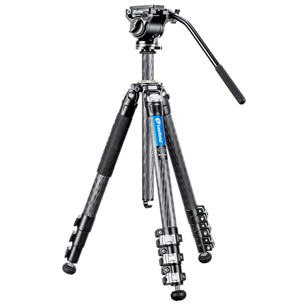 Leofoto LV-284C Tripod compleet statief met BV videoneiger en bedienarm uitgeklapt