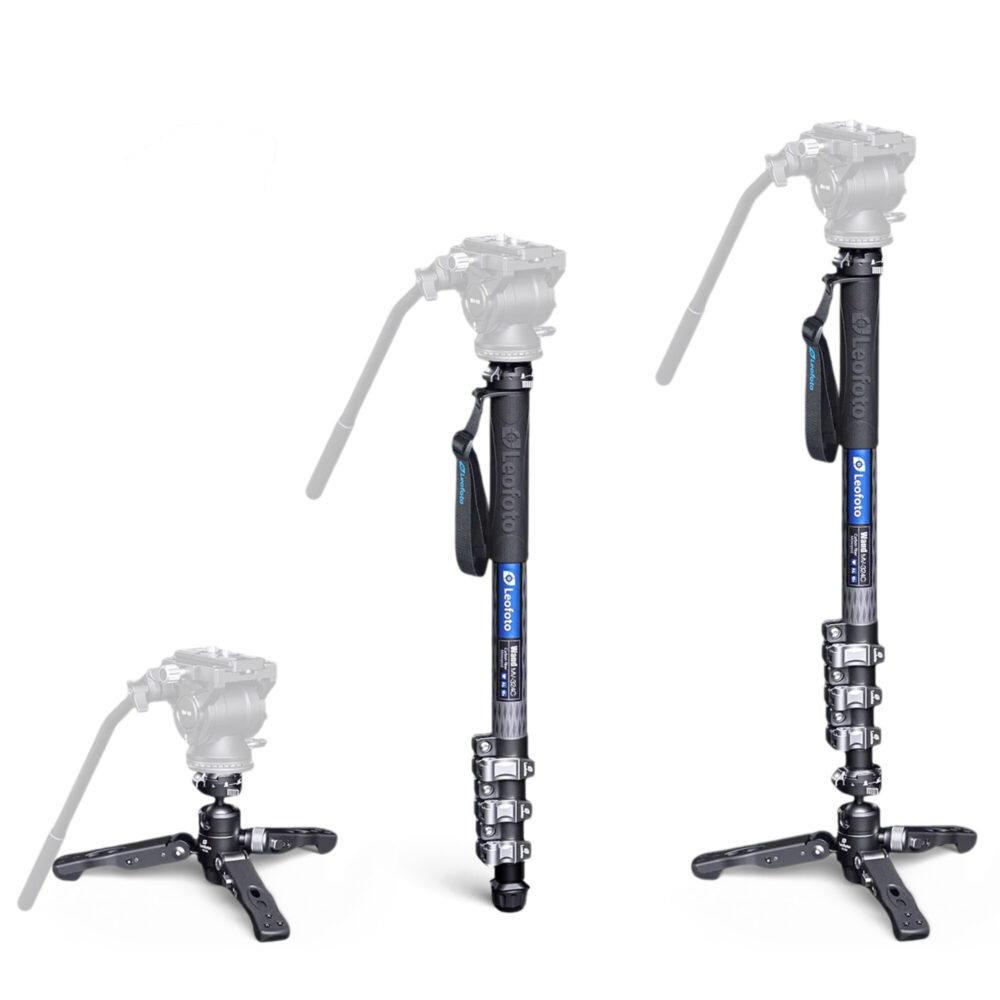 Leofoto MV-324C Monopod gebruiksmogelijkheden als monopod met voet, zonder voet en voet als mini-tripod
