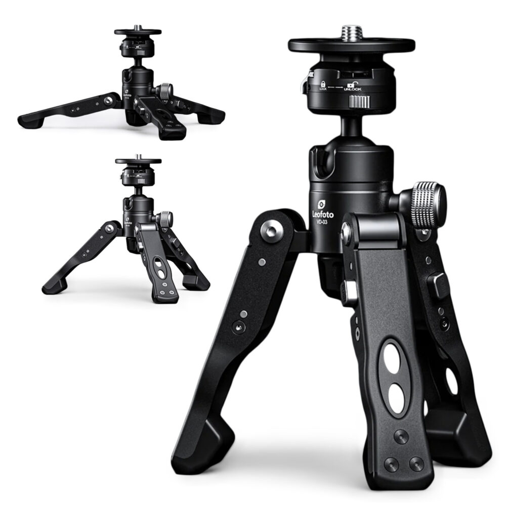 Leofoto MV-324C Monopod VD-03 voet uitgeklapt als mini-statiet met detail van het kogelgewricht
