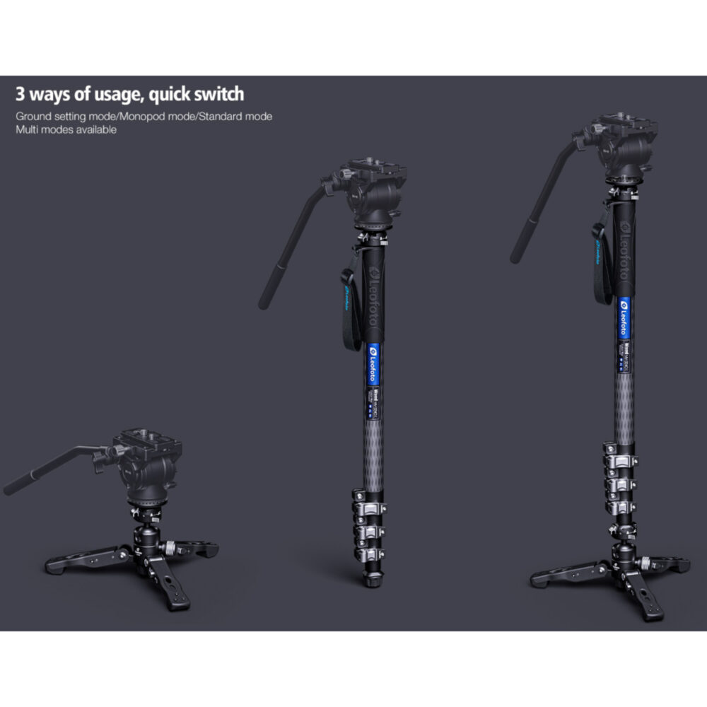 Leofoto MV-324CL Monopod infographic met 3 gebruiksmodi: monopod, monopod zonder voet en mini-statief met voet