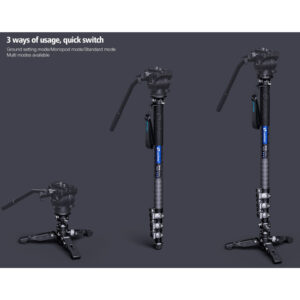 Leofoto MV-324CL Monopod infographic met 3 gebruiksmodi: monopod, monopod zonder voet en mini-statief met voet