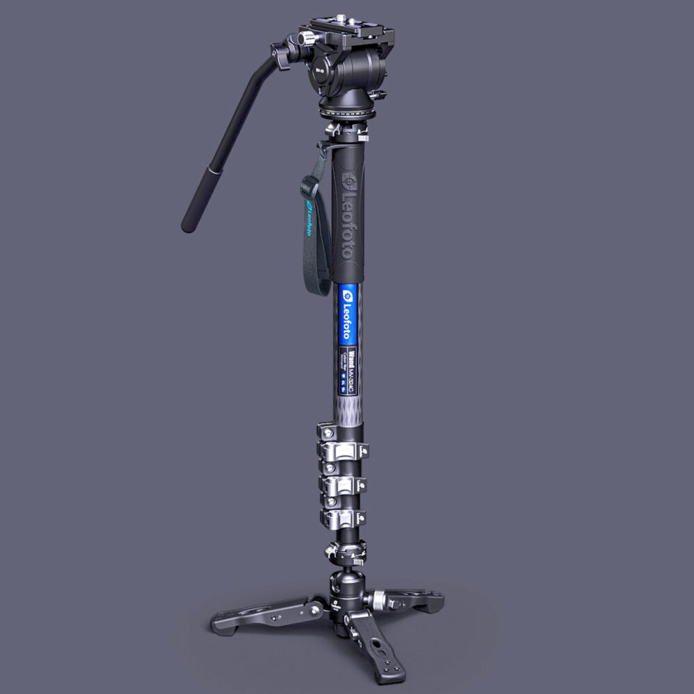 Leofoto MV-324C Monopod volledig overzicht van carbon eenbeenstatief op VD-03 ministatief met BV-10 videokop en panhendel