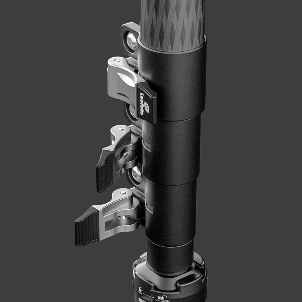 Leofoto MV-324C Monopod close-up van carbon beensegmenten met klemvergrendelingen en Leofoto logo