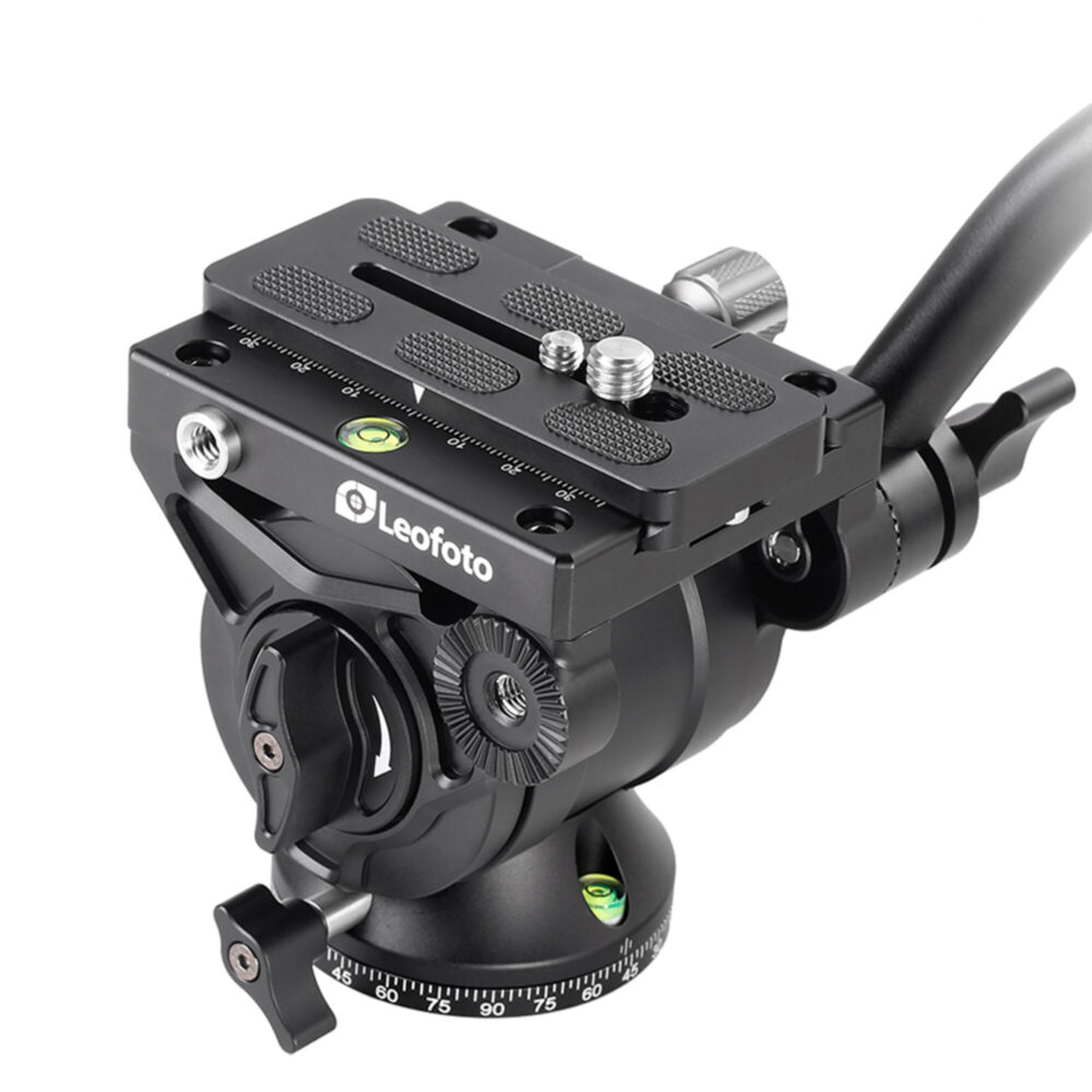 Leofoto MV-324C Monopod zijaanzicht van volledig uitgeklapte VD-03 ministatiefbasis met kogelkopadapter