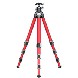 Leofoto LA-284C Tripod volledig opgesteld met LH-30 balhoofd en rode carbon poten