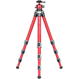 Leofoto LA-324C Tripod volledig opgesteld met LH-40 balhoofd in rood/zwart