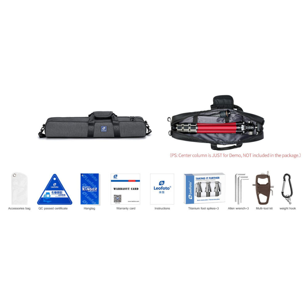 Leofoto LA-324C Tripod leveringsomvang met snelkoppelplaat, balhoofd en accessoires