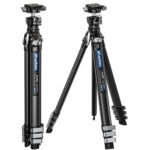 Leofoto AZ-204C Tripod opgesteld met poten ingeklapt naast het balhoofd
