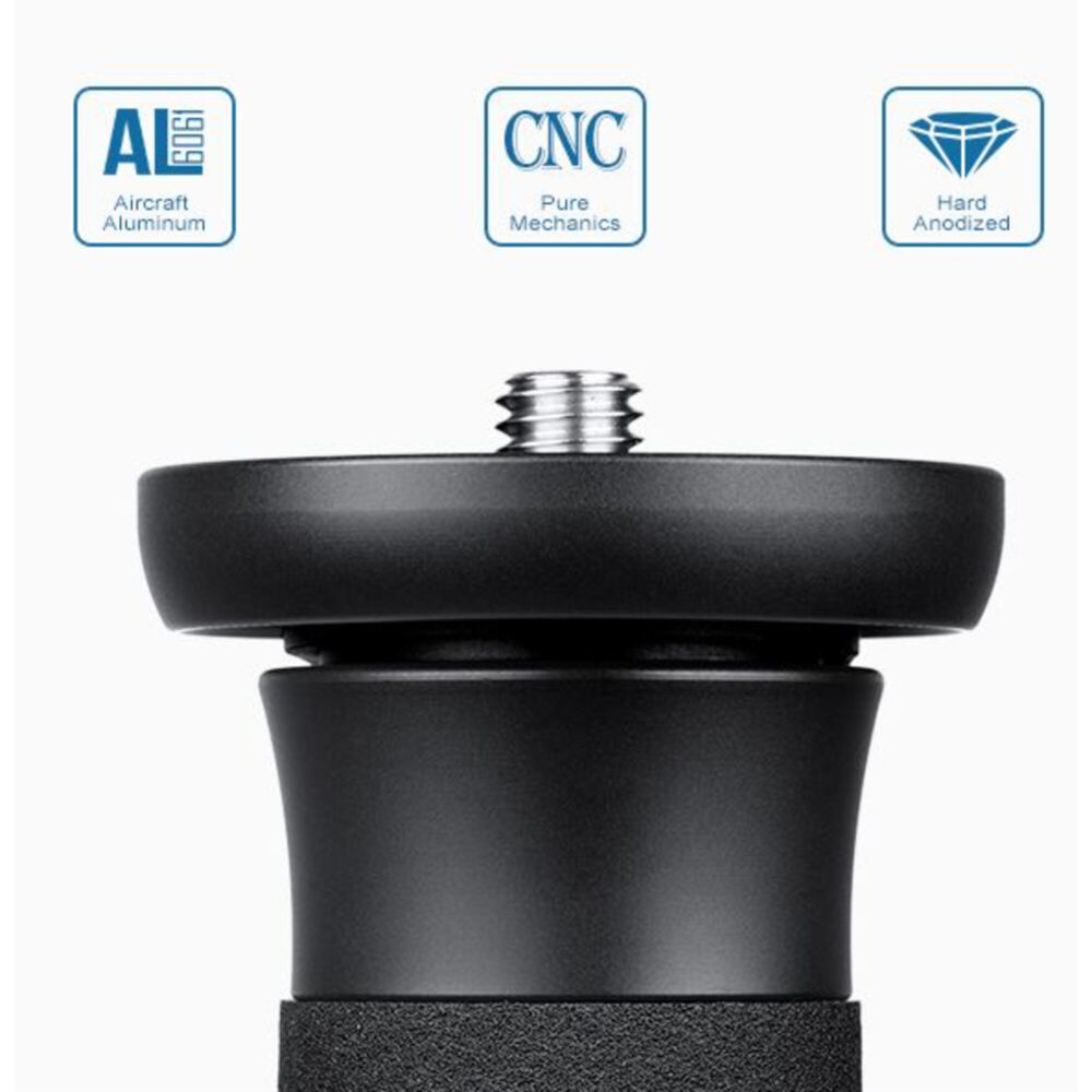 Leofoto MPQ-325C Monopod detail van aluminium kop met CNC/materiaal-iconen