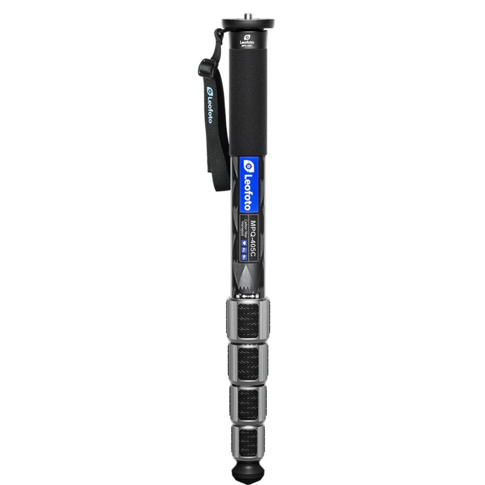 Leofoto MPQ-405C Monopod volledig aanzicht met carbon secties en polsriem
