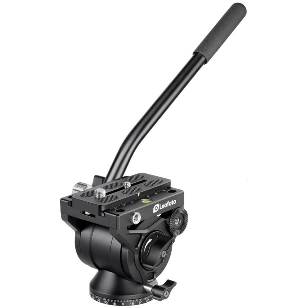 Leofoto MF-324CL Monopod BV-10 videokop zijaanzicht met panhandgreep en frictie- en vergrendelschroeven