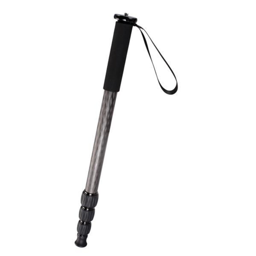 Leofoto MP-284C Monopod volledig zijaanzicht van uitgeschoven carbon eenbeenstatief met schuimhandgreep en polsriem