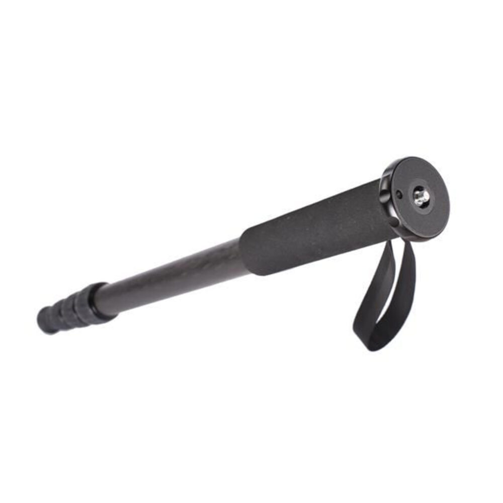 Leofoto MP-284C Monopod ingezoomd zijaanzicht van ingeschoven eenbeenstatief met polsriem en montageplaat bovenop