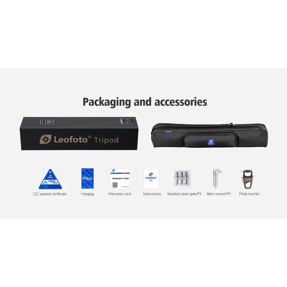 Leofoto SA-324CLX Geweerstatief verpakking en accessoires met doos, gevoerde draagtas en documentatie